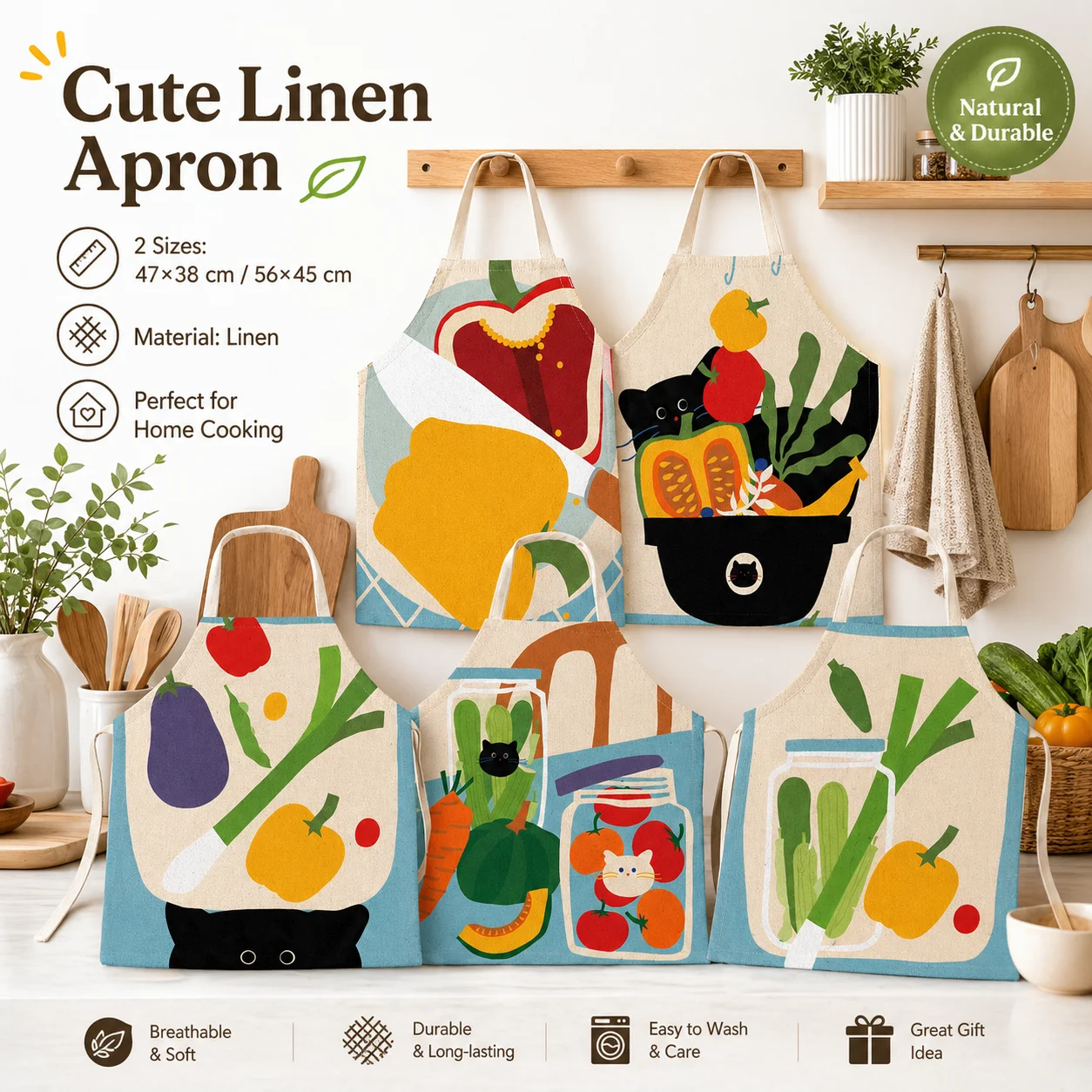 

Cute Black Cat Vegetable Linen Kitchen Apron 2D Flat Print Cooking Baking Pinafore for Women Home Chef Cleaning Wear 56x45