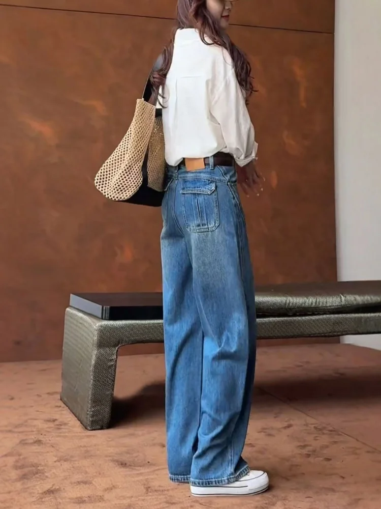 

Джинсы женские синие с высокой талией, свободного кроя, винтажные, широкие брюки, осенняя коллекция, для фигуры типа «груша», с эффектом похудения