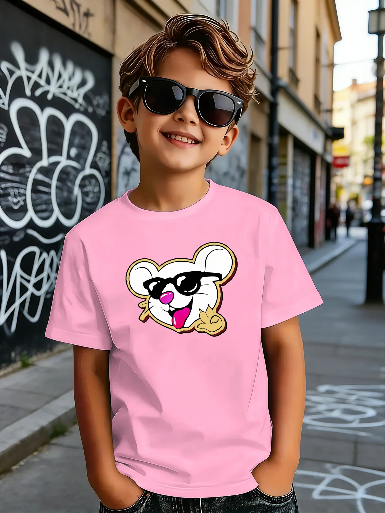 Hip Hop Cool Mouse With Sunglasses Print Boys Girls Family Matching Cotton Short Sleeve Crew Neck Soft Summer Kids Casual Tees