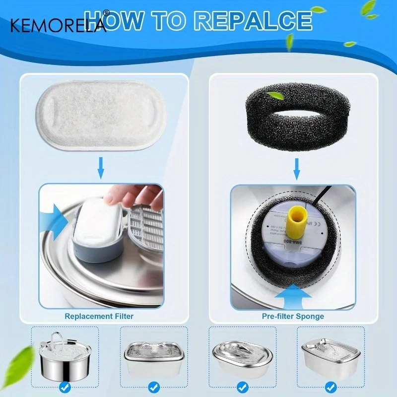 Kemorela 20 peças filtros de esponja de carbono ativado para fonte de água de gato para dispensador de água de aço inoxidável acessório de cuidados com animais de estimação