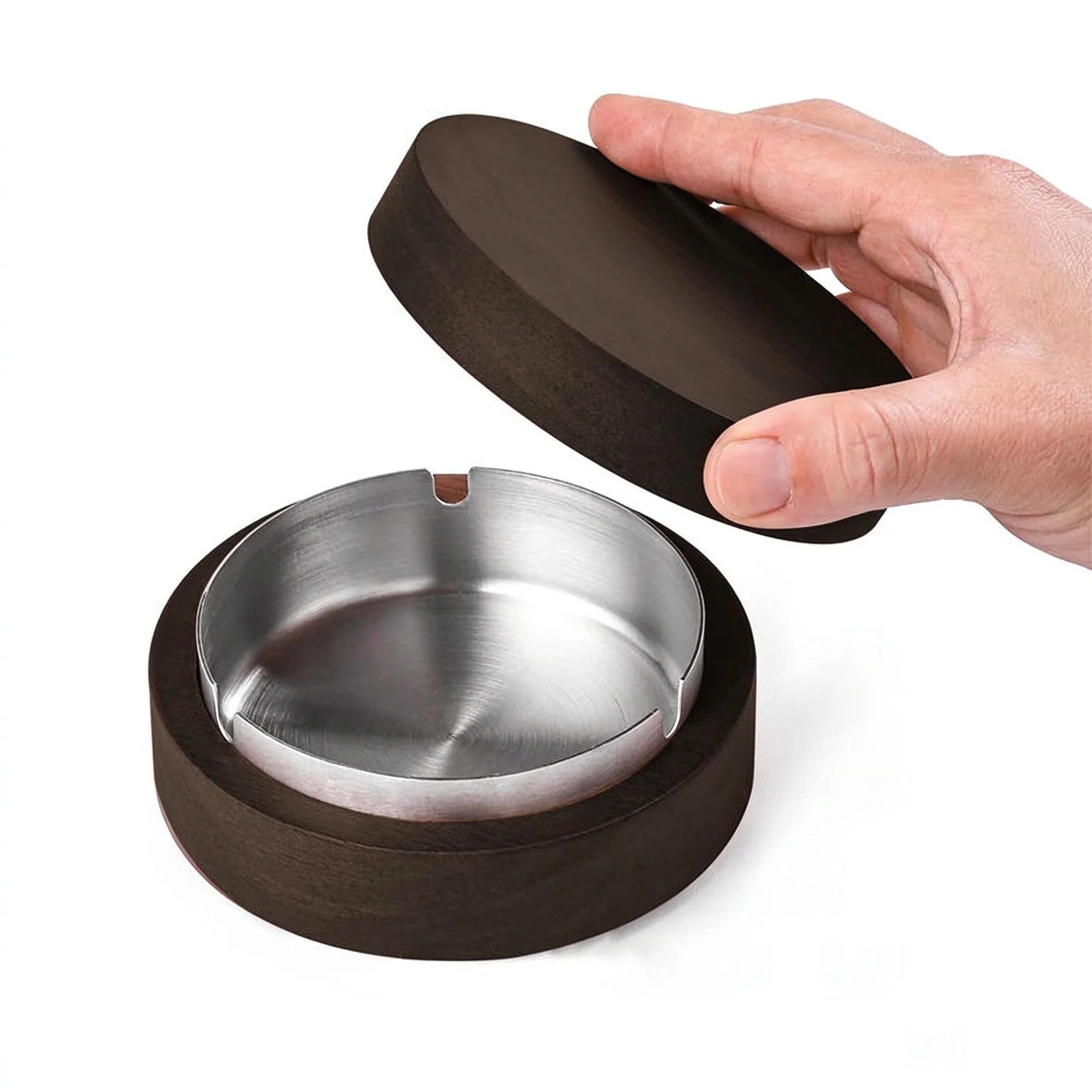 Personalized Round Wooden Ashtray With Cover, Custom Engrave Photo Portrait & Name, Detachable Stainless Steel Liner Ash Holder
