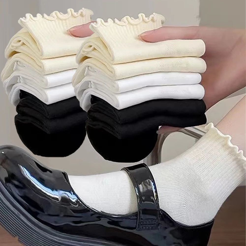 

5/1pairs Women Cotton Ruffles Ankle Socks JK Lolita Cute Kawaii Korean Stocking Girl Spring Autumn Middle Tube Japanese Sox