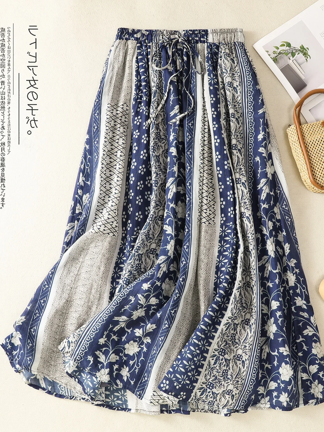 

Оригинальная льняная юбка в стиле ретро, женская цветная блузка с принтом, универсальная юбка-миди, модная художественная свободная посадка для поездок на работу