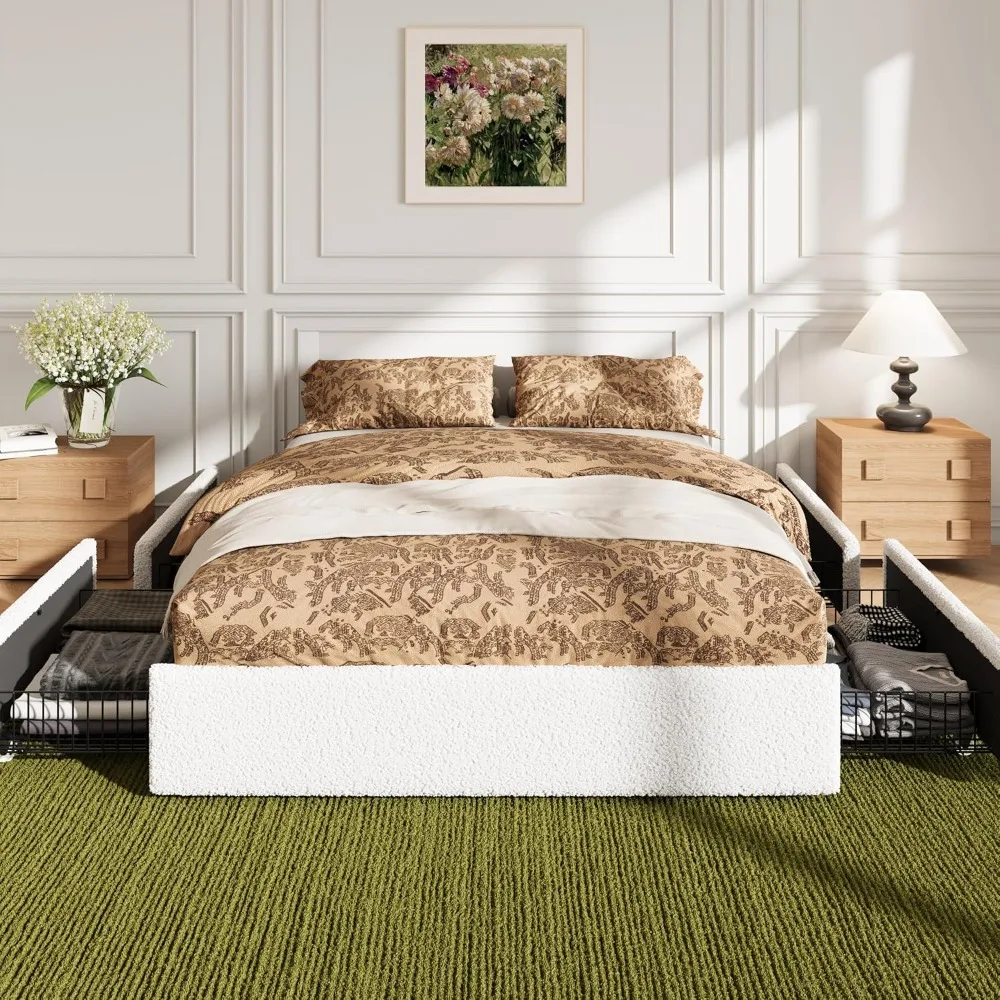 

Queen Size Bed Frame with 4 Oversized Storage Drawers, Soft Teddy Fabric, Boucle Upholstered Platform Bed, Wooden Slats