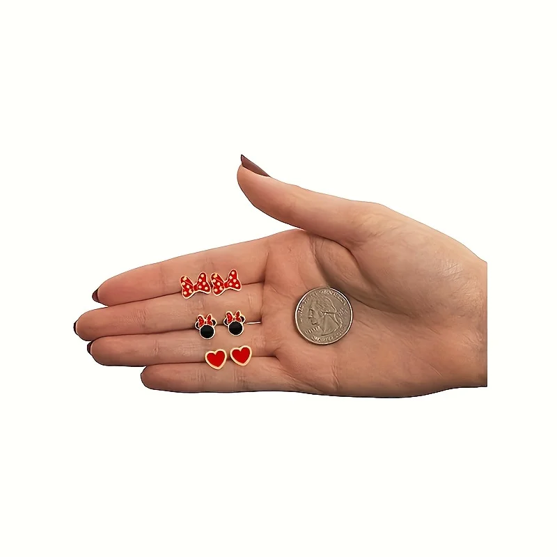 Cute cartoon Mickey bow-shaped heart-shaped stud earrings for women, made of copper, with pierced design. New cross-border fashi