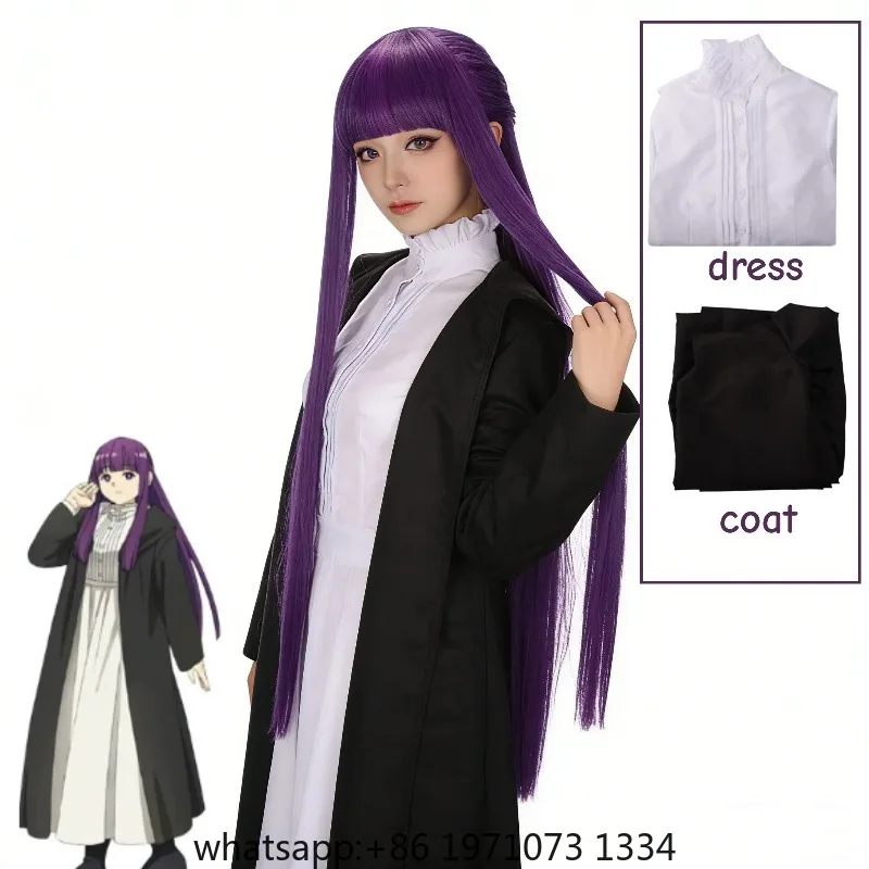 Frieren Fern Cosplay Costume Purple Wig White Long Dress Black Coat Jacket Full Set Uniform Halloween Comic Con Outfits