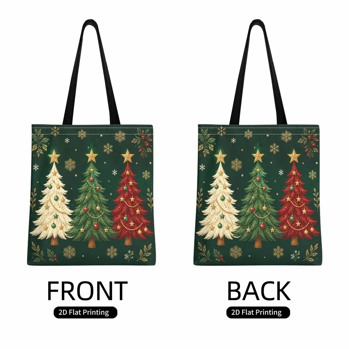 Vintage Three Color Christmas Tree Canvas Tote Bag Golden Star Snowflake Print Handbag Reusable Casual Shoulder Bag Xmas Gift