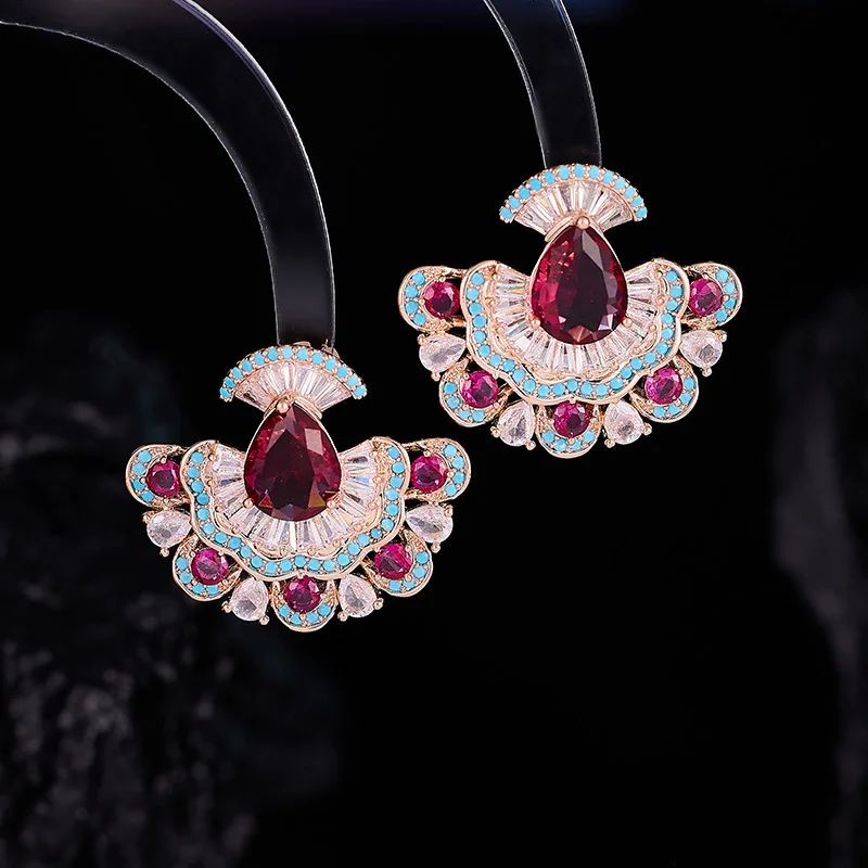 

Zirconia Inlaid Fan-shaped Skirt Colorful Gemstone S925 Silver Needle High-end Luxury Evening Dress Elegant Earrings