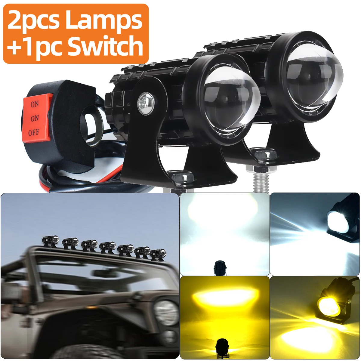 2pcs Mini Driving Fog Lamp Lights Offroad Work Light with Yellow and White Dual Lights for Car Truck Pickup Lorry Offroad Lights