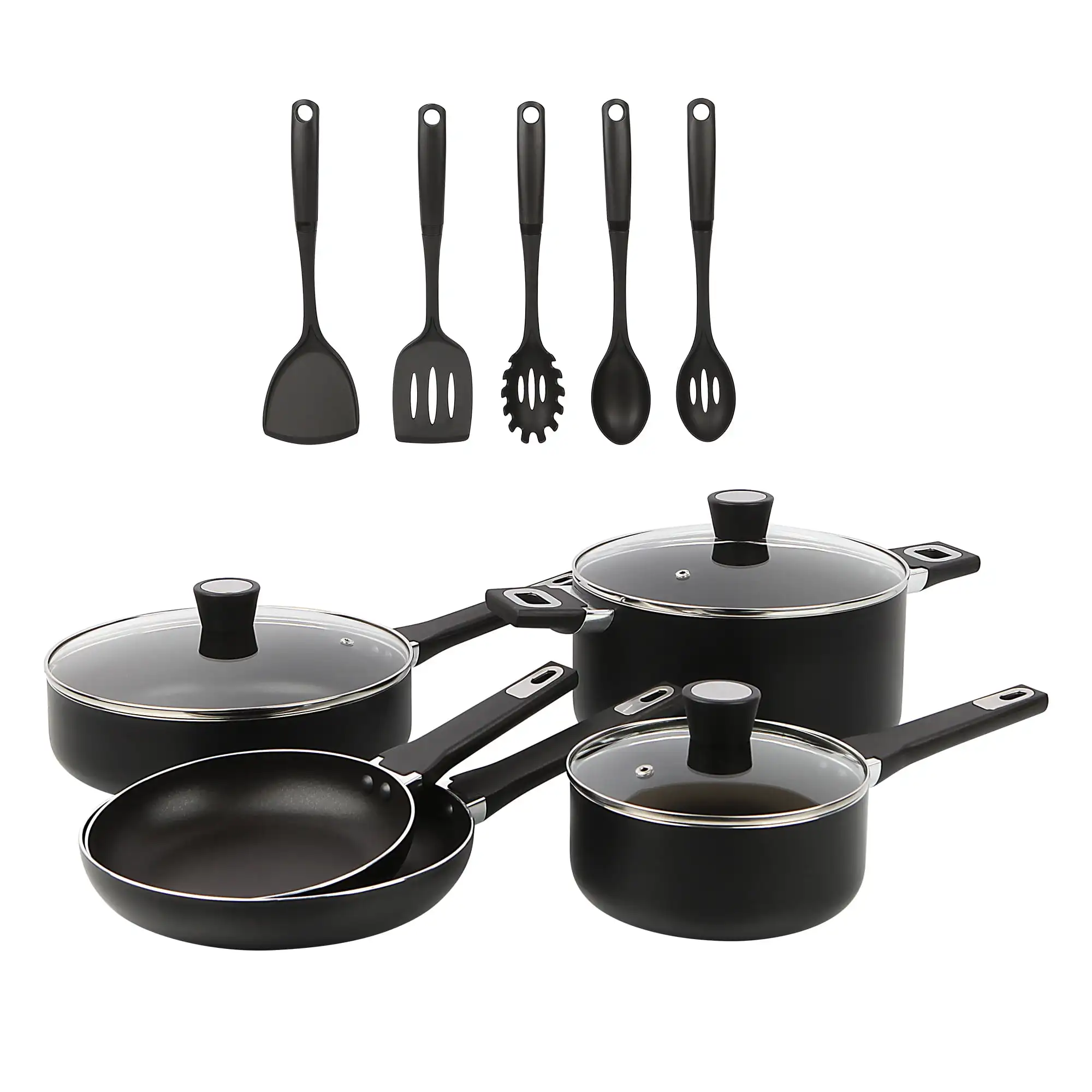 

Aluminum Nonstick Midweight 13pcs Cookware Set Blac Suitable for All Cooktops Except Induction Riveted Handles