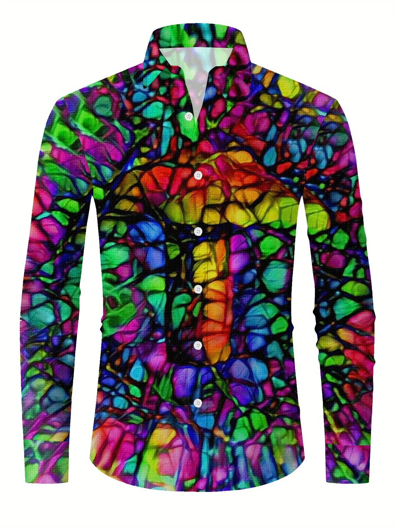 Men's long-sleeved shirts with bold abstract prints - bright colour-block designs, versatile fashion 2025