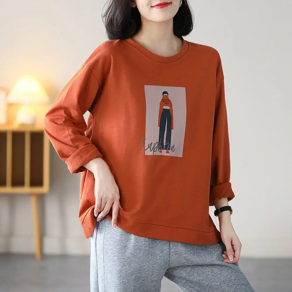 2024 Early Autumn Plus Size Long Sleeved Sweatshirt in Green Orange Loose and Casual Slimming with Printed Base for Women\'s Top