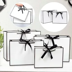 5pcs Portable Shopping Handbag White Cardboard Paper Tote With Black Border Gift Packing Bags Large Capacity Sundries Storage