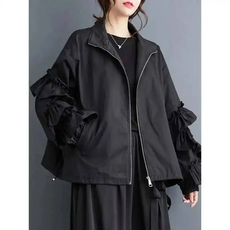 

VIBE черная куртка большого размера с оборками, повседневная куртка, новое женское пальто с воротником-стойкой и длинными рукавами, модная верхняя одежда Tide, весна-осень