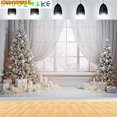 

Christmas Day New Year Party Photography Backdrops Prop Window Living Room Interior Xmas Tree Snow Theme Photo Background FN-11