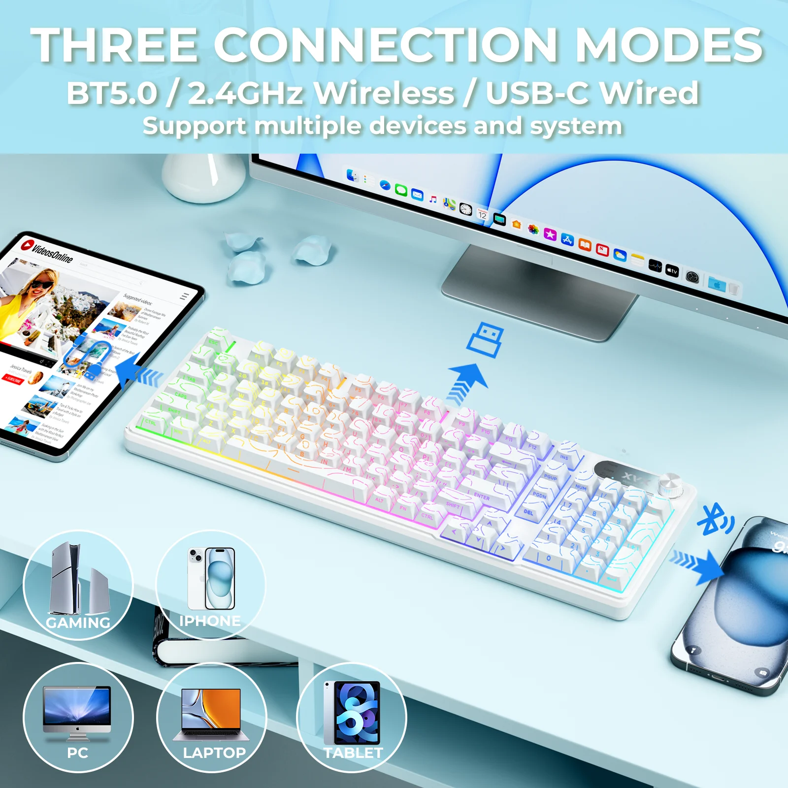 

XVX K98 Tri-Mode Wireless Mechanical-Feel Membrane Keyboard for Office Quiet Keyboard RGB Backlight with Topographic Keycaps