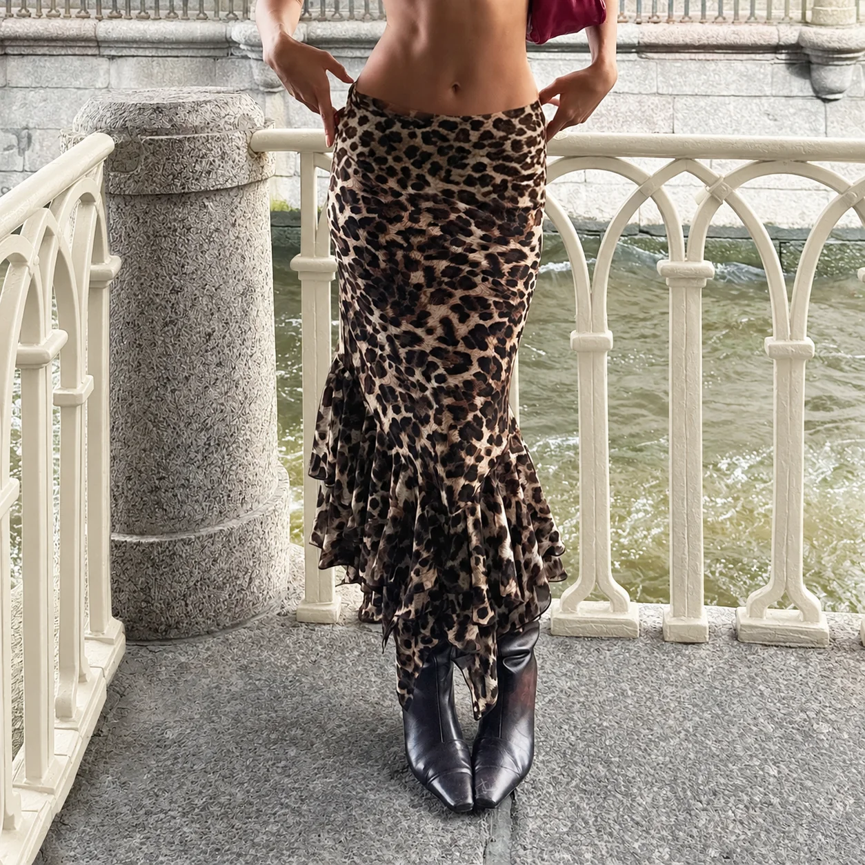 Women Vintage Leopard Print Midi Skirt High Waist Irregular Ruffle Hem Flowy Knitted Mermaid Skirt Streetwear Slim Fit Bodycon