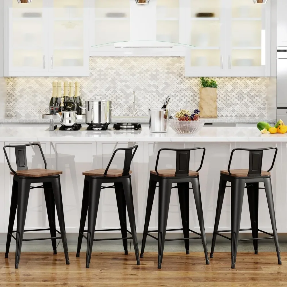 Swivel Bar Stools Counter Height Stools with Backs Industrial Black Metal Barstools Bar Chairs with Wood