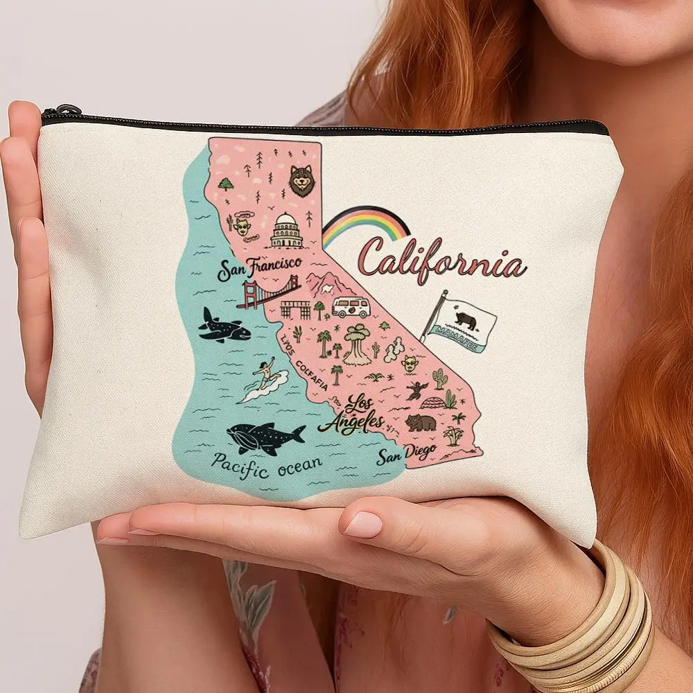 1 pièce Trousse de maquillage et de toilette portable avec fermeture éclair, motif carte de Californie et repères géographiques, idéale pour les voyages, adaptée aux femmes