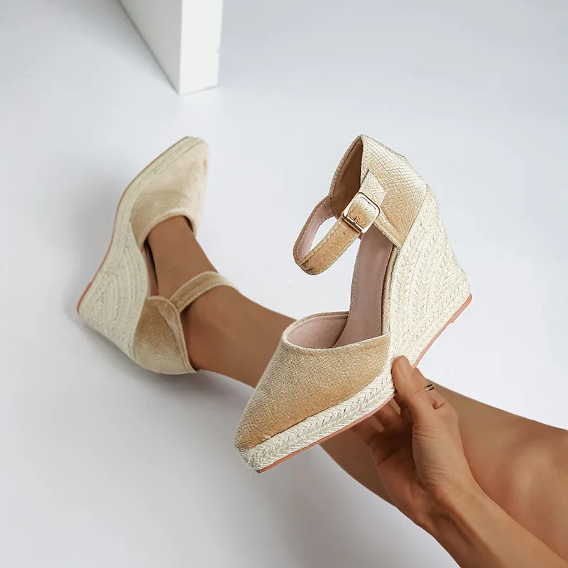 Pointed Heel Sandals Straw Shoes Women Clogs Wedge Large Size Handmade High Fashion Comfort Platform Girls Sexy Thick Big Buckle