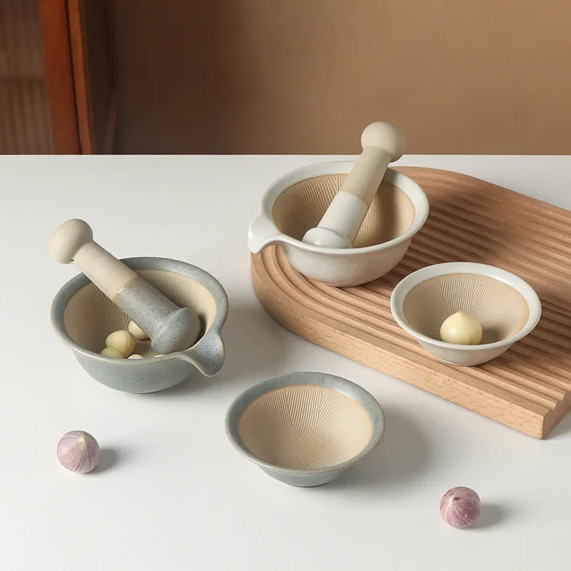 Multifunctional Ceramic Grinding Bowl Set with Rods Durable Manual Garlic Mortar Pestle Pedestal Rice Paste Bowl for Kitchen