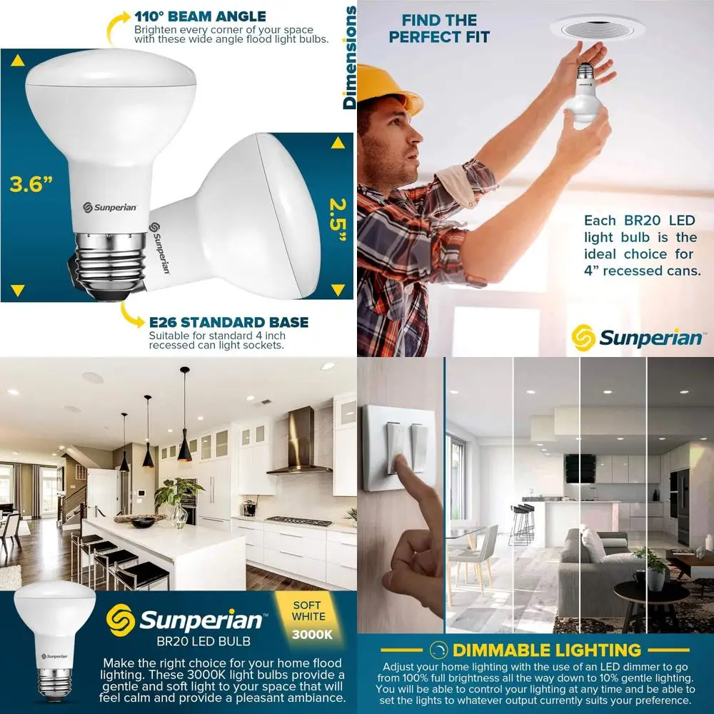

6W 12-Pack BR20 LED Bulbs, 50W Equivalent, 3000K Soft White, 550 Lumens, Dimmable Flood Lights for Recessed Cans, Enclosed Fixtu