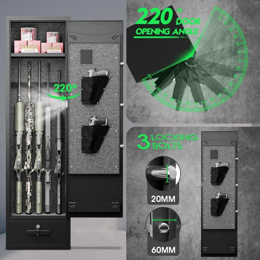 46-Waffentresor zur Aufbewahrung von Gewehren und Pistolen, schneller Zugriff, Gewehrtresor mit hintergrundbeleuchteter Tastatur, sicherer Waffenschrank mit Schublade a