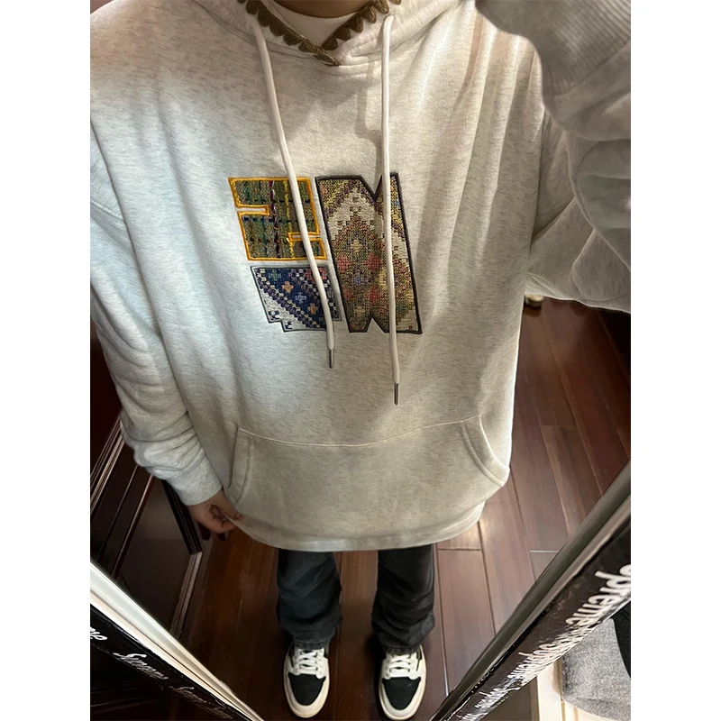 

Мужская толстовка с вышивкой Ele в цветочном стиле, утепленная, оверсайз, повседневная осенняя верхняя одежда для пар