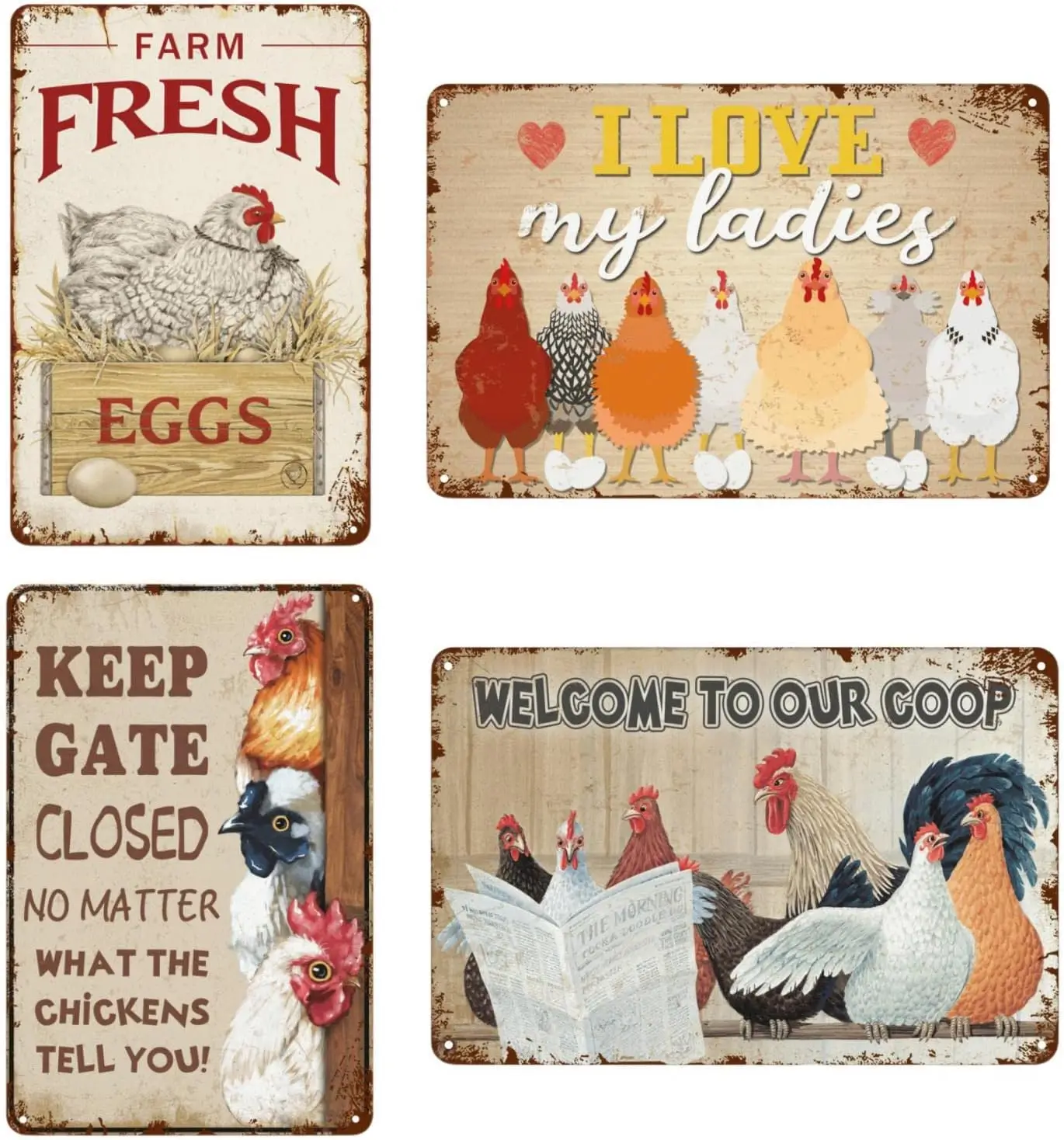 Chicken Signs - Coop Funny Outdoor Chicken Decor Bundle 4 Pieces Chicken Farmhouse Wall Decor Garage Retro Home Bar