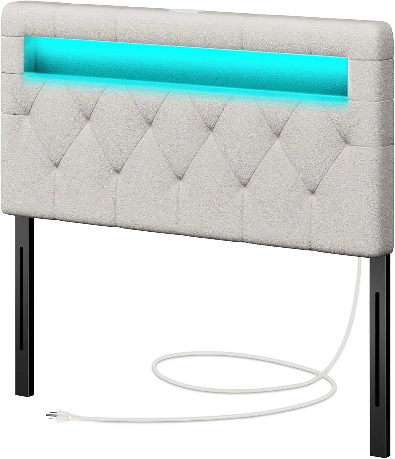 Twin Size LED Headboard with Adjustable Height, USB & Type C Ports, White Leather Wall Mounted for Bed Comfort and Style