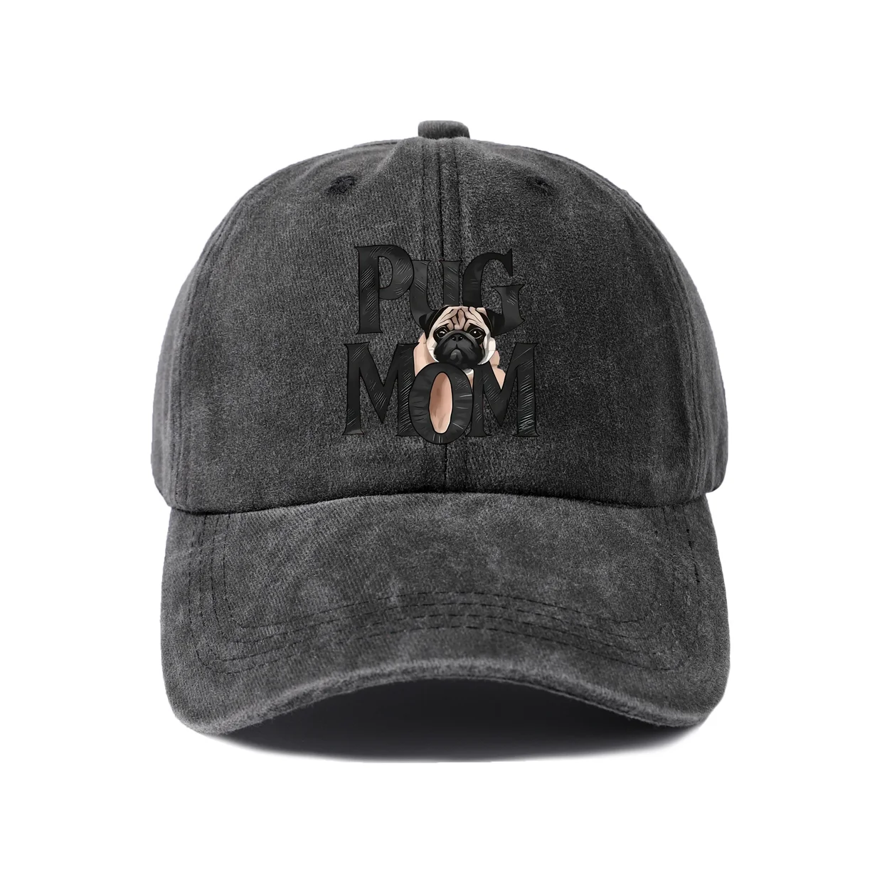 Pug Mom Graphic Graphic Baseball Cap, Vintage Washed Adjustable Unisex Dad Hat, Streetwear Gift