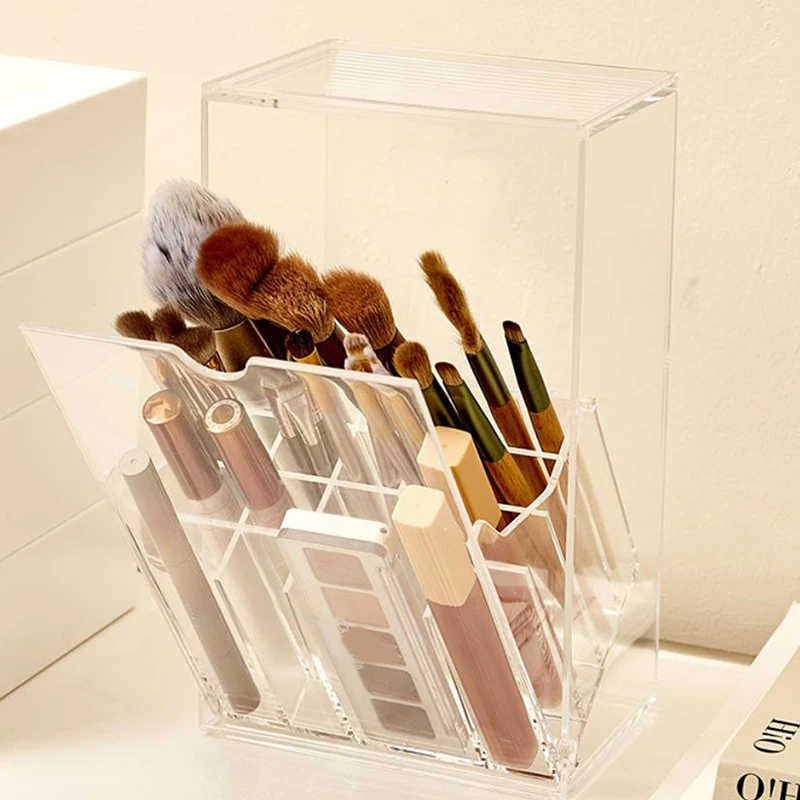 ฝาปิดด้านหน้าแปรงแต่งหน้า CLEAR เครื่องสําอางค์แปรงอะคริลิคแปรงแต่งหน้าผู้ถือ Slant โต๊ะแต่งหน้าเครื่องมือคอนเทนเนอร์