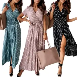 Casual Long Dress Ladies Women Dress Summer Women Dress 2020 Polka dot Women's V-neck Wrap Dresses For Front Split female Office