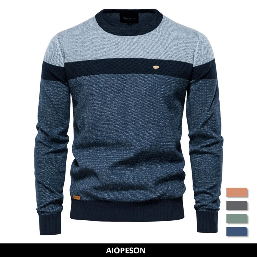 Aiopeson-suéter de algodón empalmado para hombre, Jersey informal de cuello redondo de alta calidad, de punto, marca de invierno, novedad