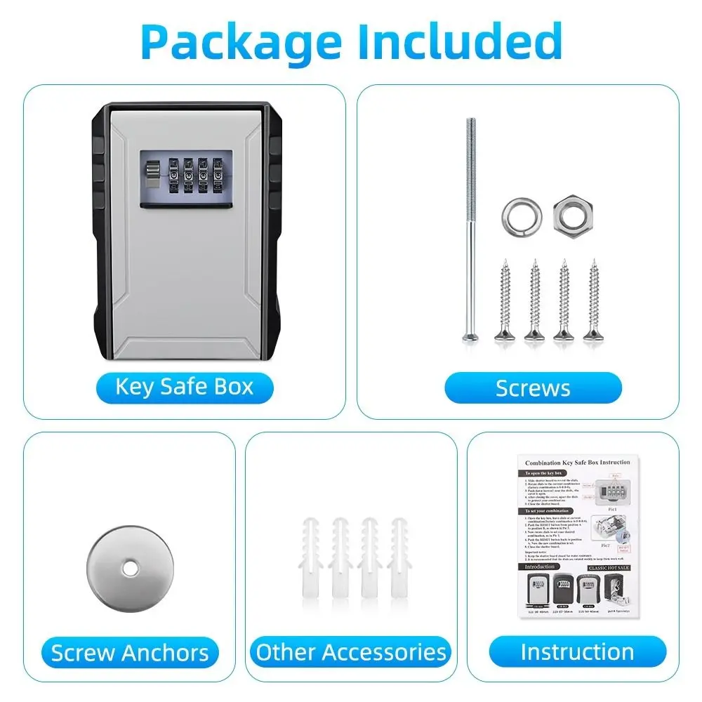 Alloy Key Lock Box Weatherproof Wall Mount Combination Key Storage Box Resettable 4 Digit Anti-Theft Lock Key Safe Box