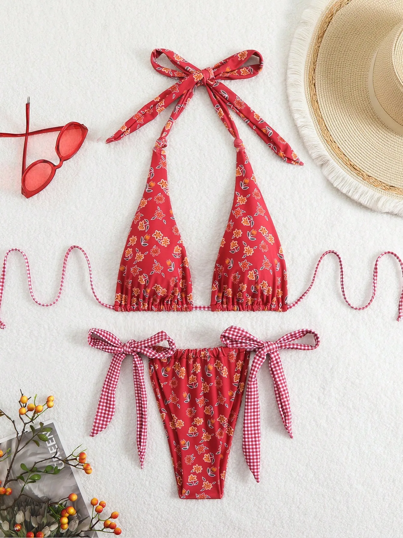 sexy red flower print grid tie bikinis sets two pieces halter back tie thong swimsuits bathing suit swimwear biquini tankini