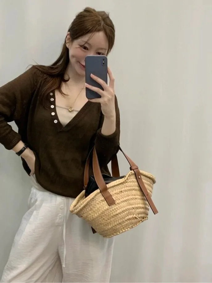 Chic Autumn New Style Women's Loose Long Sleeve Knitwear V-Neck Button up Outerwear Casual Comfortable Korean Style Sweater