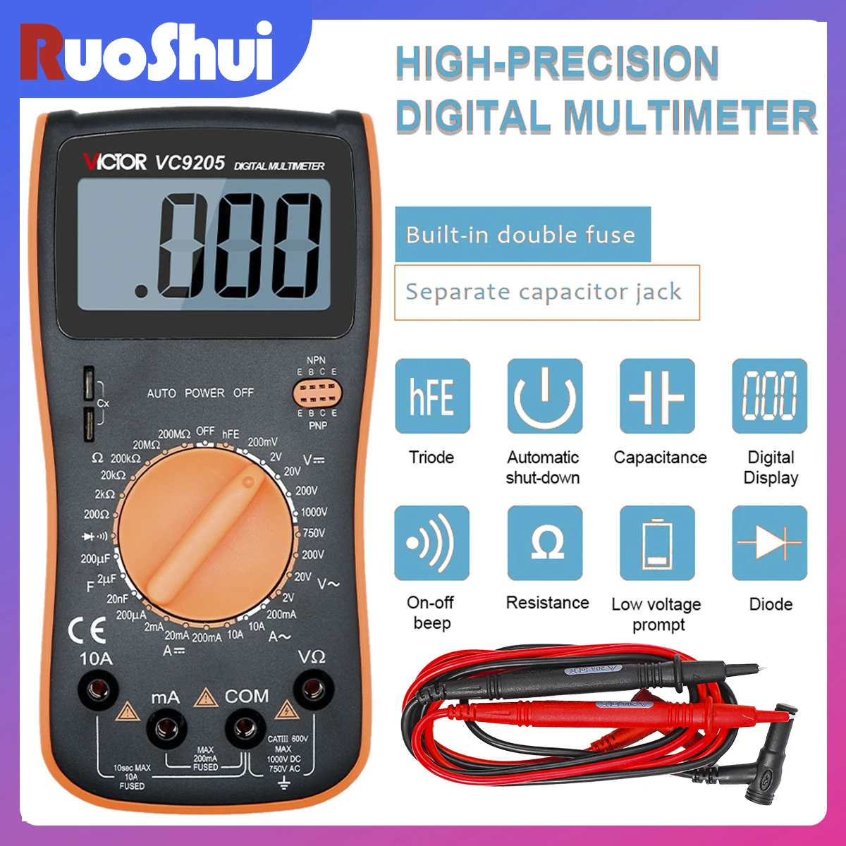 Victr  VC9205 High Quality1999 Counts True RMS Digital Multimeter With Anti High Voltage Circuit Design Continuity AC DC Tester