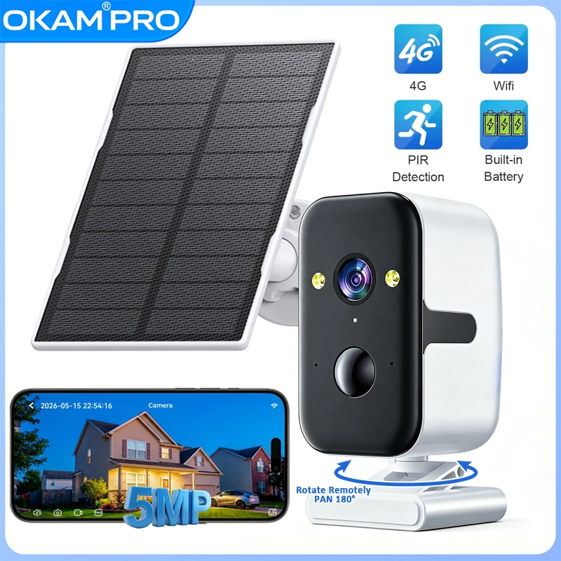 OKAM PRO 4G WiFi Solar Camera HD 5MP IP CCTV 5200mAh Color Night Vision Waterproof Motion Tracking Intercom Wireless PTZ Camera