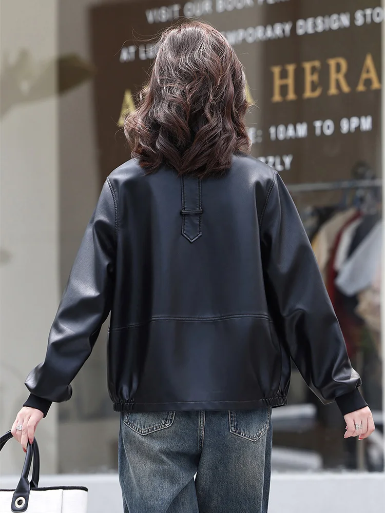 New Women Loose Split Leather Jacket Spring Autumn Fashion Turn-down Collar Long Sleeve Casual Leather Coat Basic Jacket Female