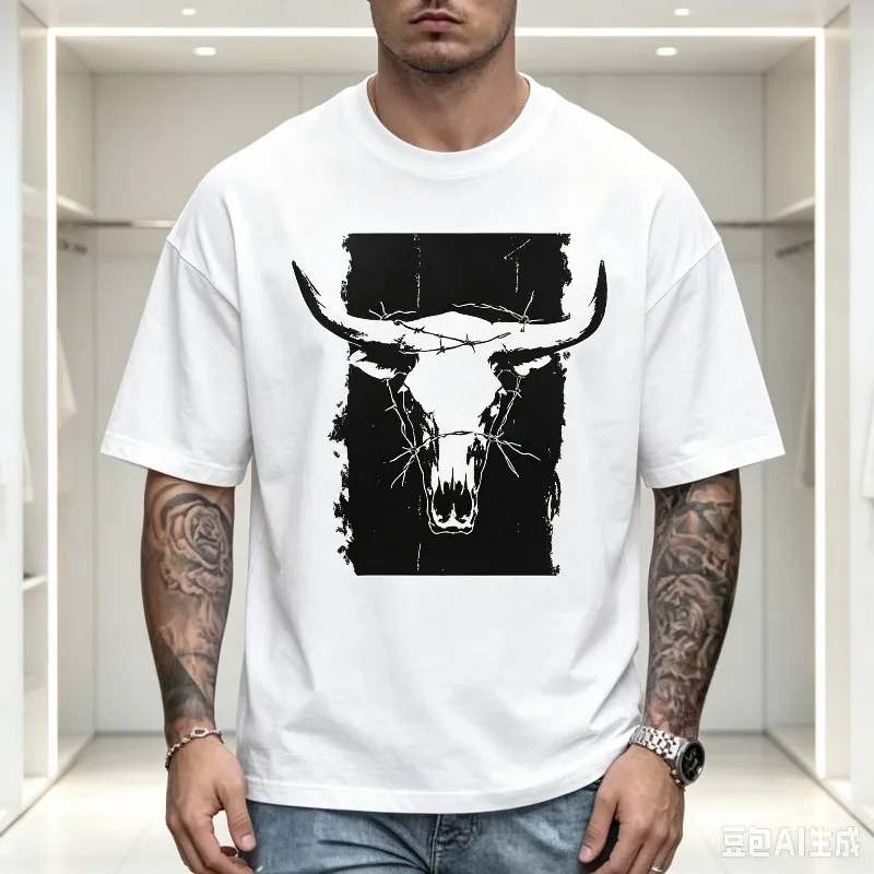 Vintage Bull Skull Barbed Wire Graphic Print Men T‑Shirt 100% Cotton Western Cowboy Retro Casual Streetwear Short Sleeve Tee