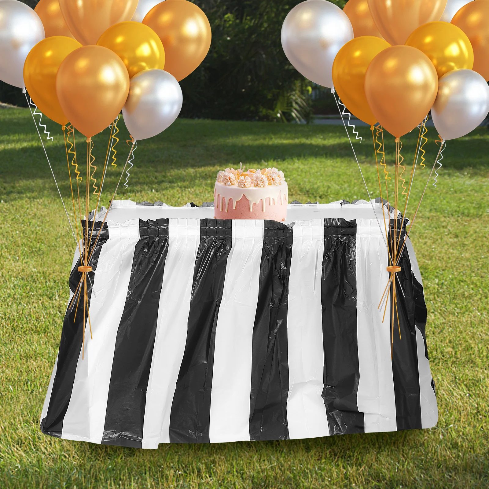

Waterproof Festive Stripe Table Skirt Plastic Decorative Party Table Skirt for Rectangle Tables Birthday Holiday Festival Photo