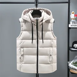 Autumn Winter Men's Padded Vest 2024 Fashion Trend Zipper Hooded Stand Collar Solid Waistcoat Men Warm Sleeveless Jackets 6XL