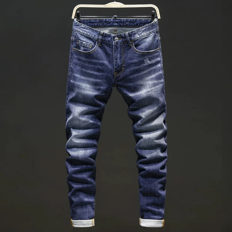 Men Deep‑Blue Horizontal Whisker Shiny Wash No‑Rip Stretch Skinny Denim Jeans Hip‑Hop Streetwear Denim Jeansy2k