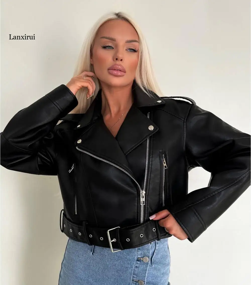 

2025 Spring and Autumn New Cool Girl Motorcycle Style Faux Leather Jacket Women's Pu Leather Short Coat