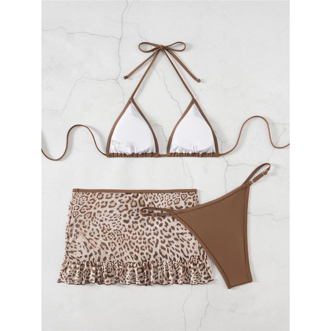 Mit Leopardenmuster-Rock, Neckholder-Bikini, Damen-Badeanzug, dreiteiliges Bikini-Set, Badebekleidung, Badeanzug, Schwimmanzug V8325 – Detail 4