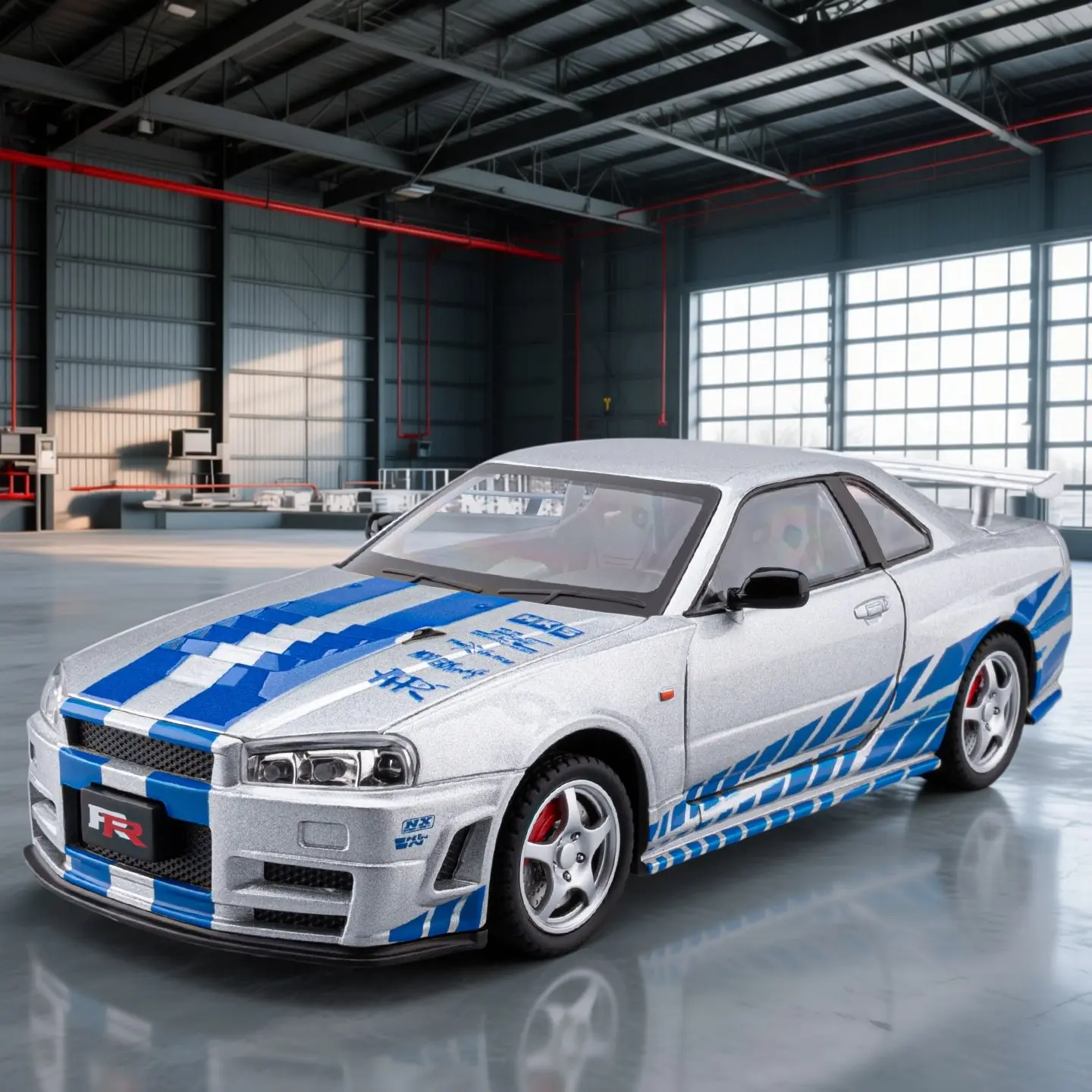

Масштабная модель спортивного автомобиля GTR R34 Skyline 1:24, литая под давлением, металлическая коллекционная игрушка с имитацией звука и света, для детей