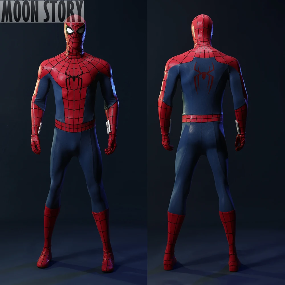 

Hight Quality Superhero Spider 4 cosplay costume Red blue Jumpsuit Adult man Elasticity Bodysuit Halloween Headgear full set