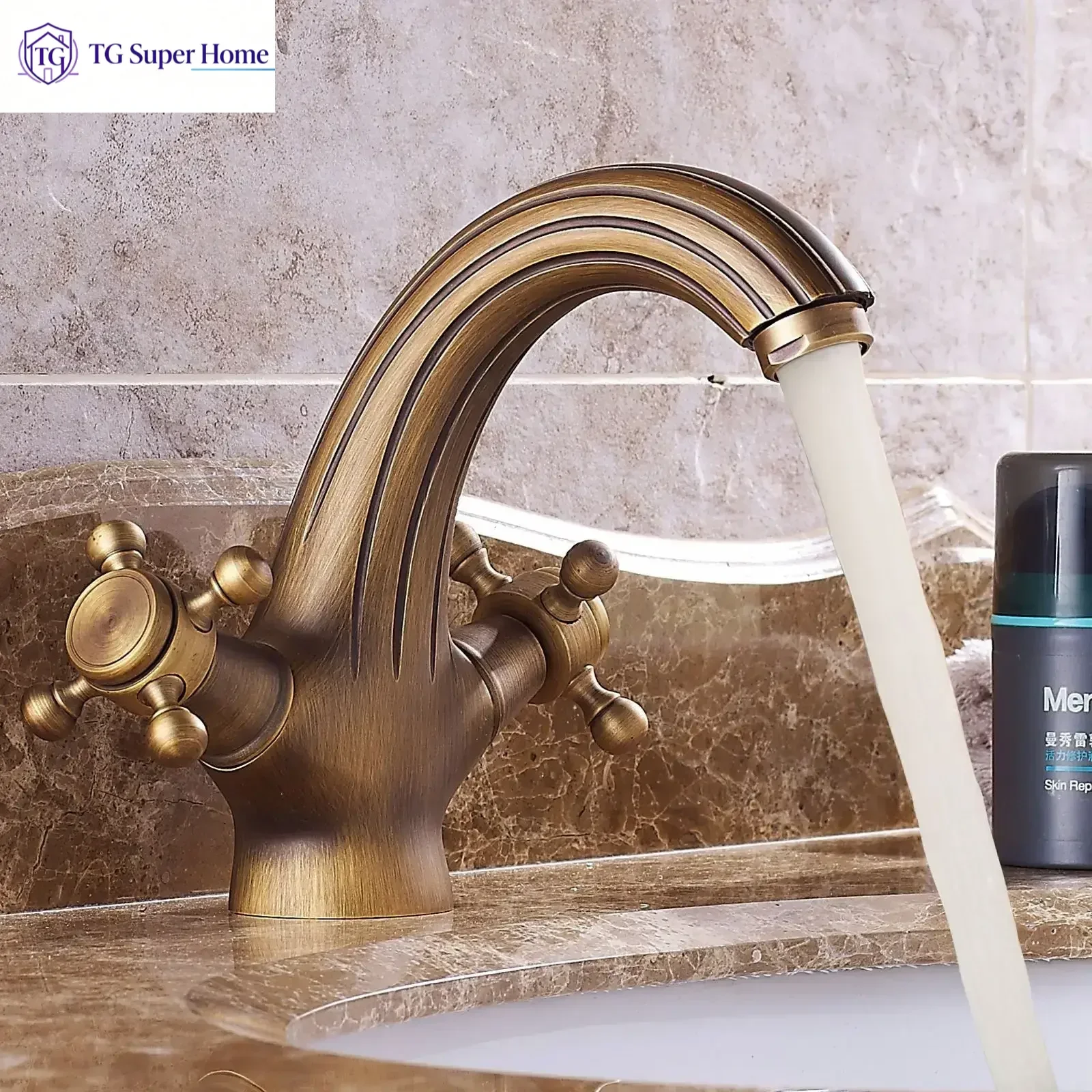 European-Style Brass Vintage Single-Hole Double-Handle Splash-Proof Bathroom Basin Faucet with Hot and Cold Water Controls