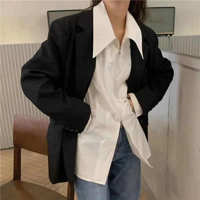 Rimocy Turn-Down Collar Women\'s White Shirt Korean Style Loose Long Sleeve Blouse Woman Single-Breasted Office Shirts Ladies